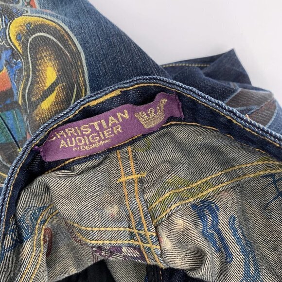 Christian Audigier embellished jeans embroidery skull stud crown blue Y2K men 32 - Picture 10 of 14